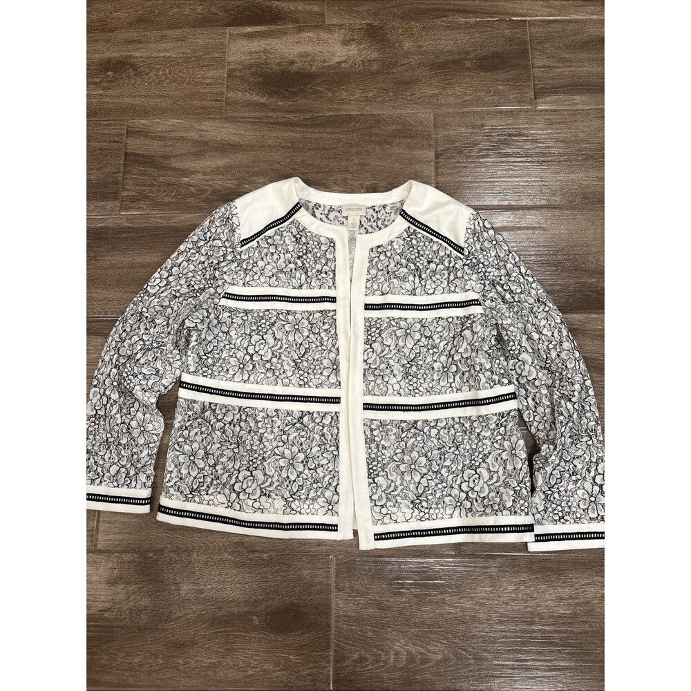 Chicos Size 3 Black & White Lace Blazer Open Front Sheer
